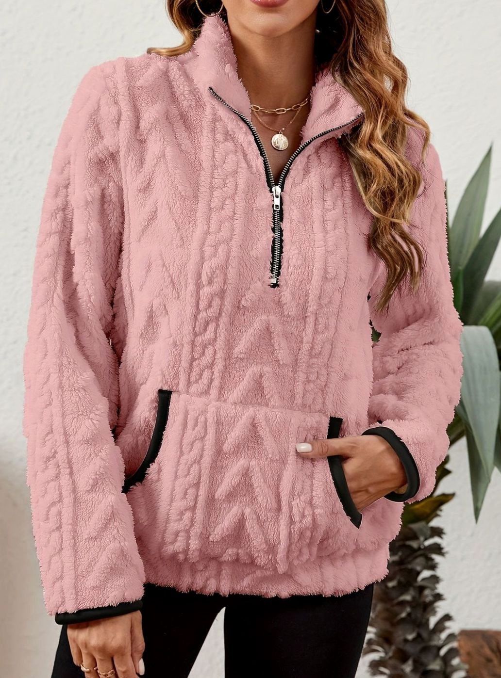 Women's Fleece Quarter-Zip Pullover Sweater Kangaroo Pocket