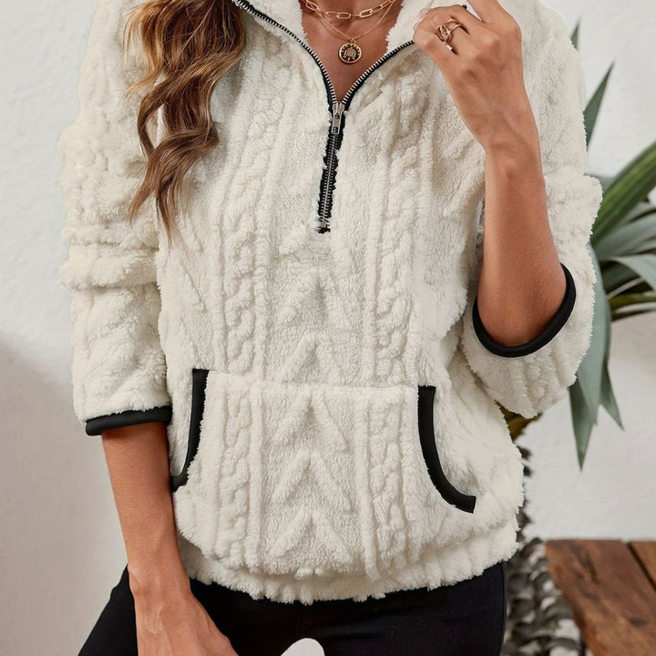 Women's Fleece Quarter-Zip Pullover Sweater Kangaroo Pocket - White