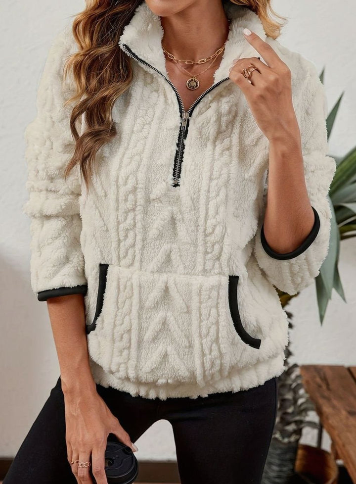 Women's Fleece Quarter-Zip Pullover Sweater Kangaroo Pocket