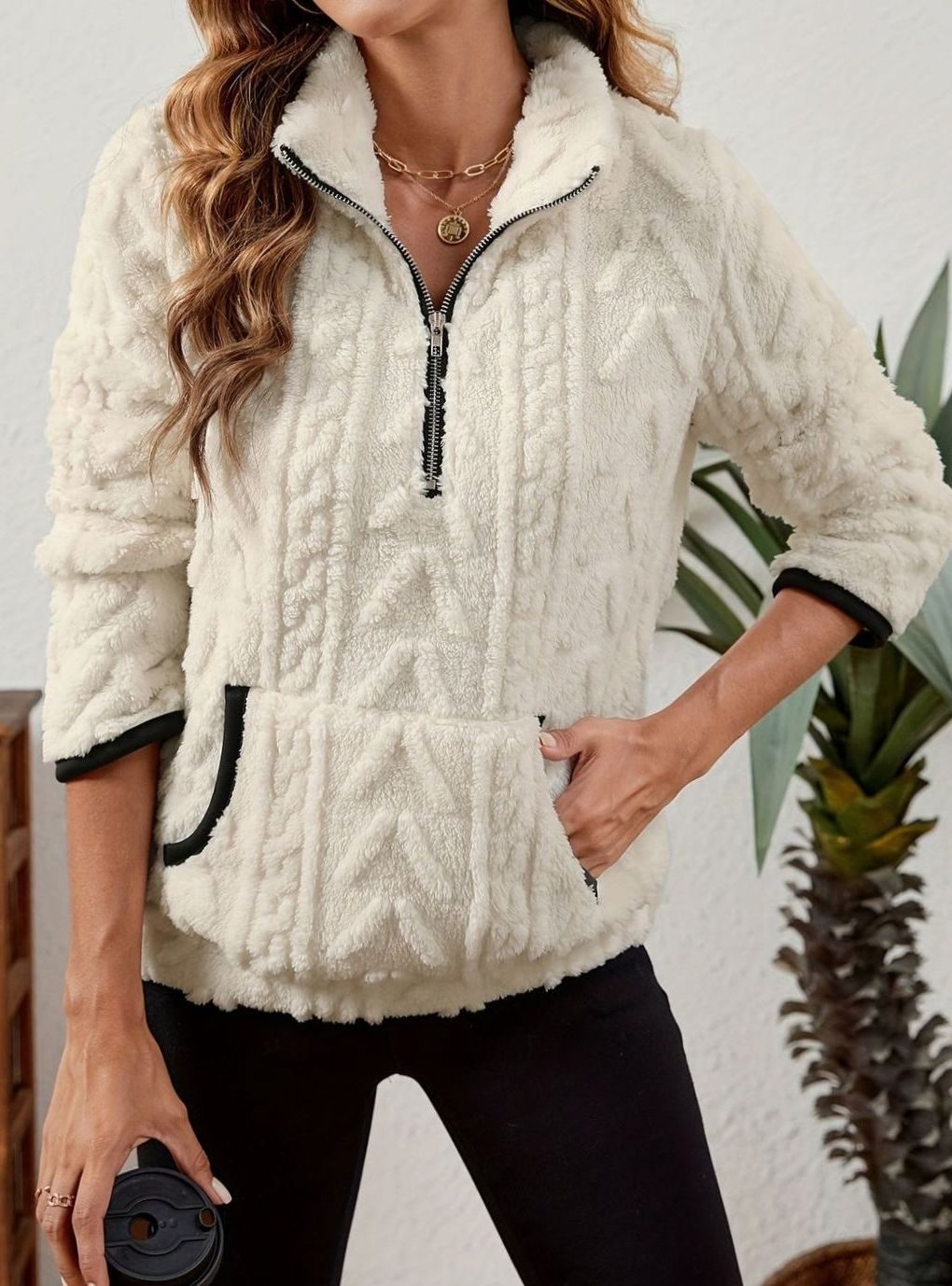 Women's Fleece Quarter-Zip Pullover Sweater Kangaroo Pocket