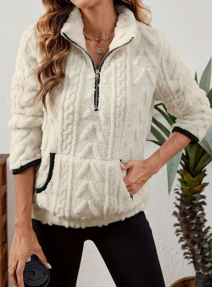 Women's Fleece Quarter-Zip Pullover Sweater Kangaroo Pocket