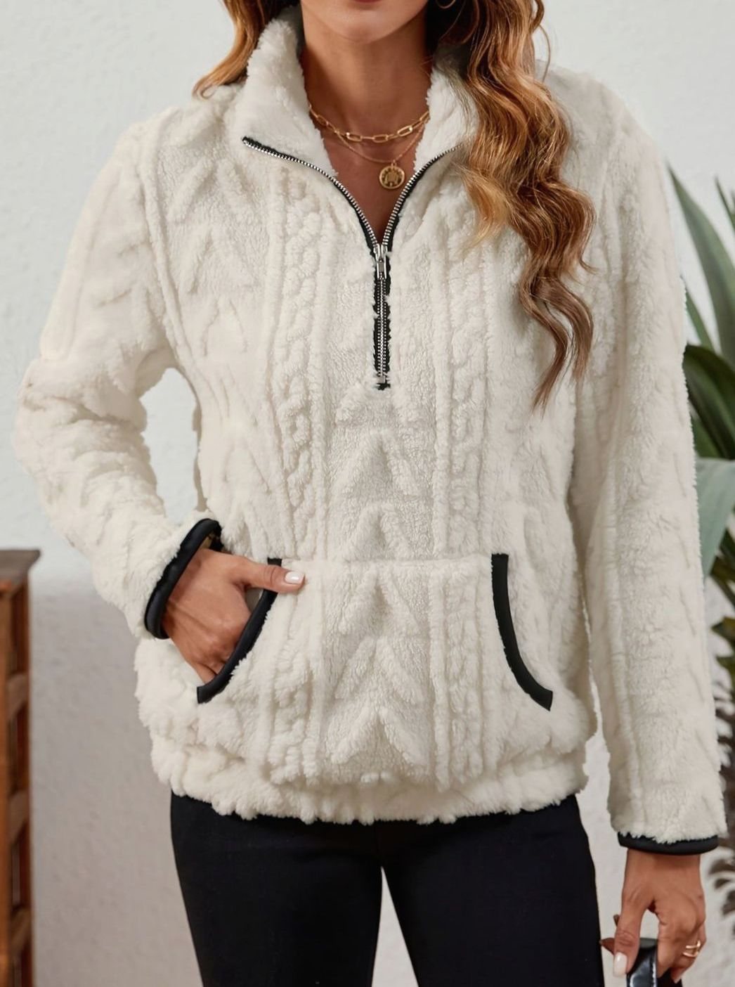 Women's Fleece Quarter-Zip Pullover Sweater Kangaroo Pocket