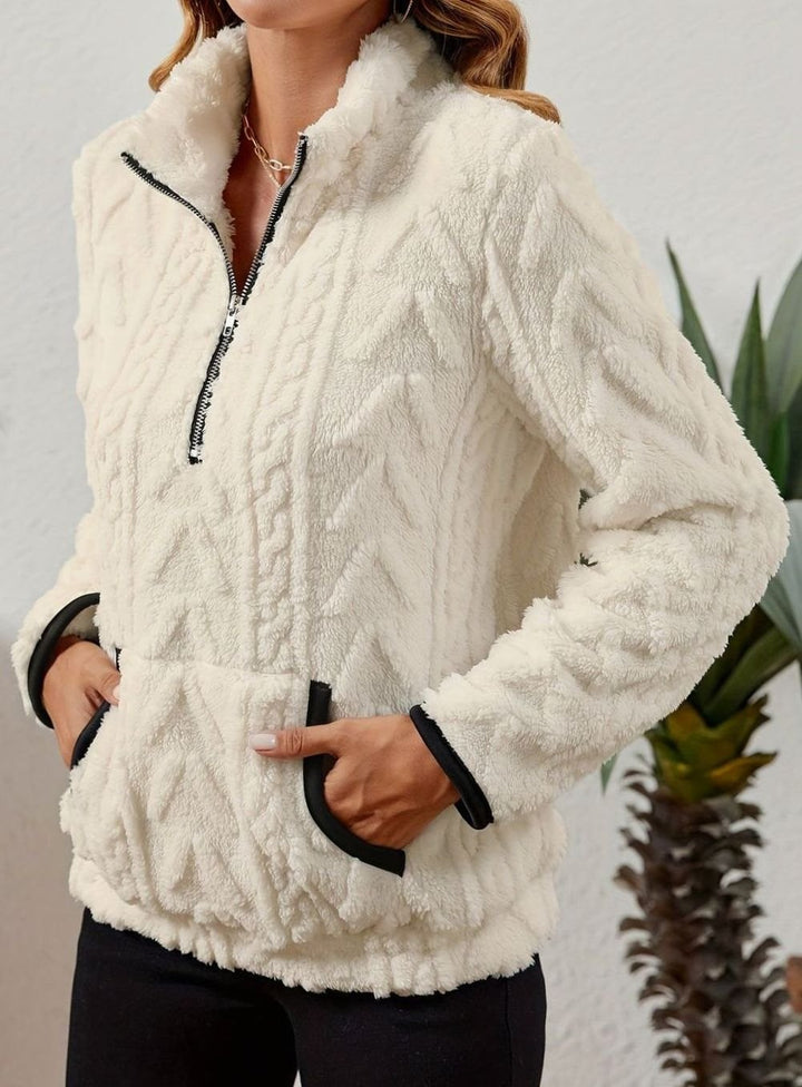 Women's Fleece Quarter-Zip Pullover Sweater Kangaroo Pocket