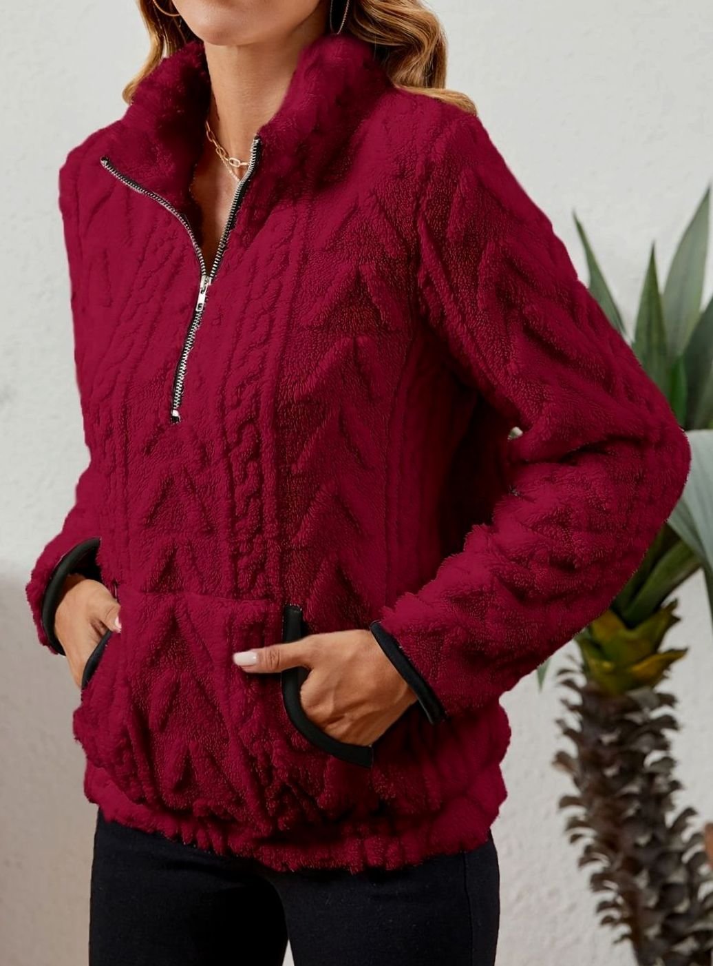 Women's Fleece Quarter-Zip Pullover Sweater Kangaroo Pocket