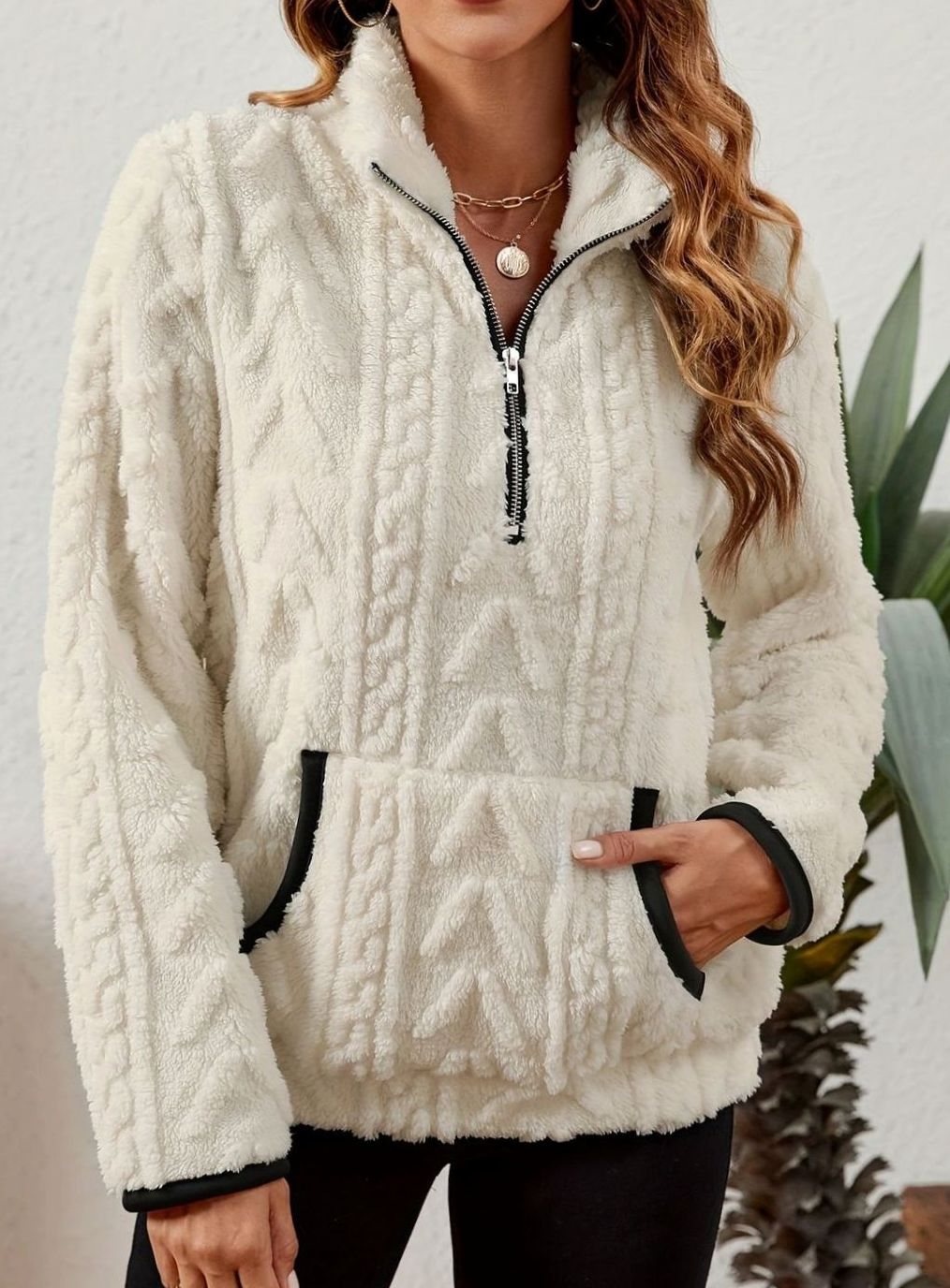 Women's Fleece Quarter-Zip Pullover Sweater Kangaroo Pocket