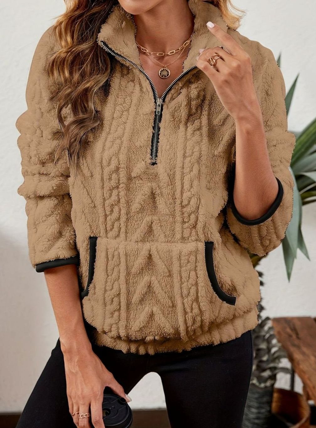 Women's Fleece Quarter-Zip Pullover Sweater Kangaroo Pocket