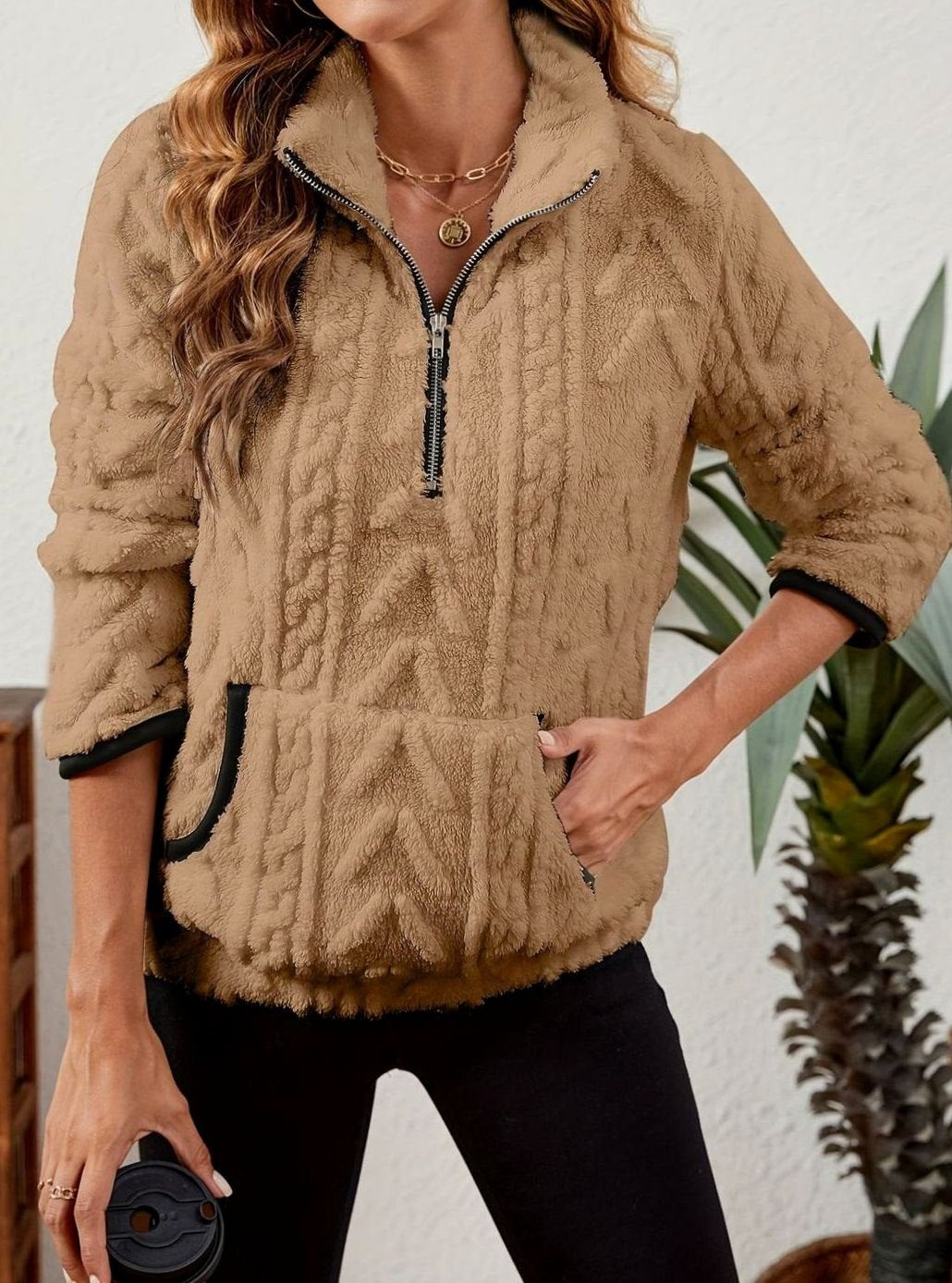 Women's Fleece Quarter-Zip Pullover Sweater Kangaroo Pocket