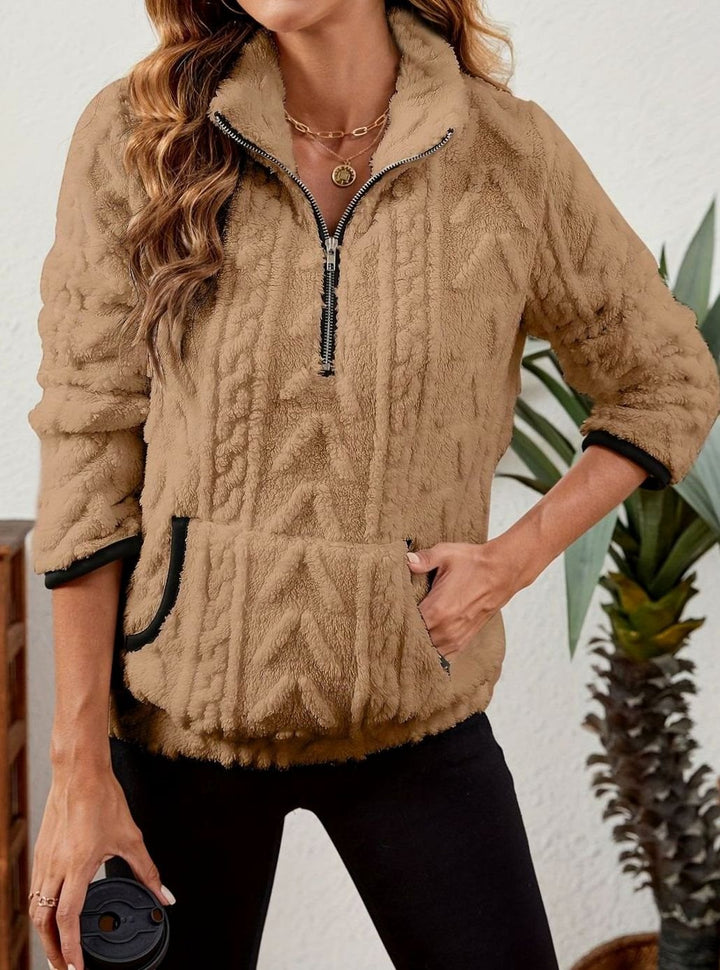 Women's Fleece Quarter-Zip Pullover Sweater Kangaroo Pocket