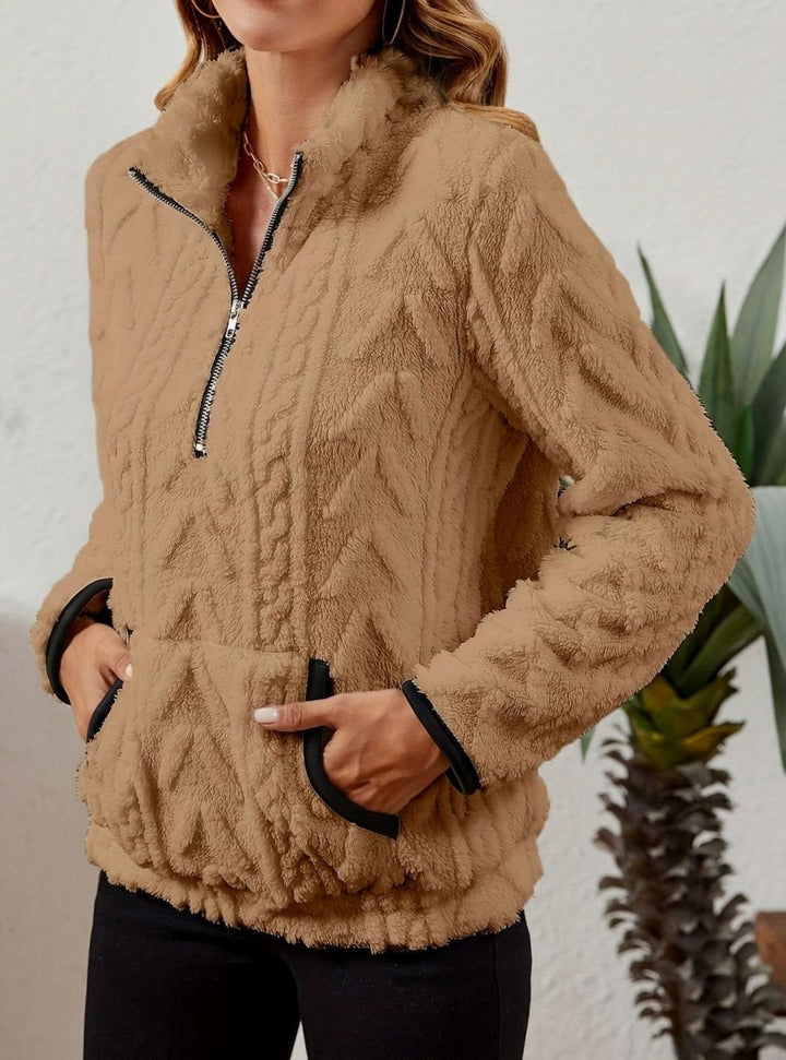 Women's Fleece Quarter-Zip Pullover Sweater Kangaroo Pocket