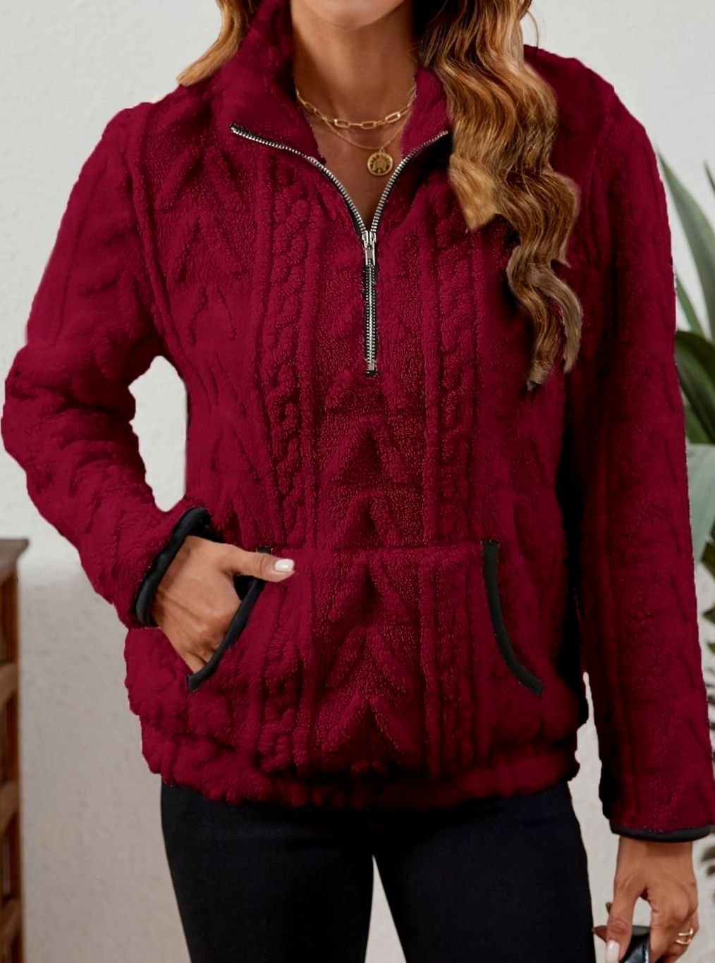 Women's Fleece Quarter-Zip Pullover Sweater Kangaroo Pocket
