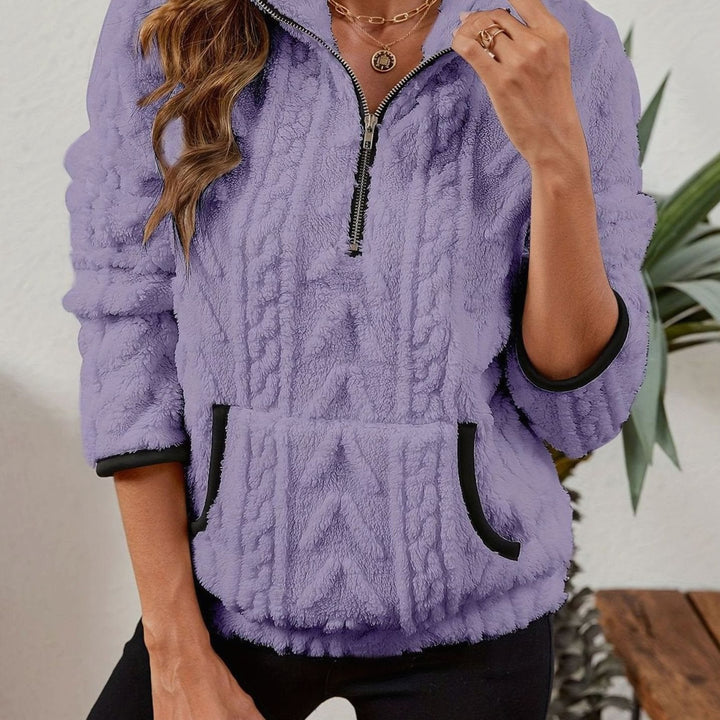 Women's Fleece Quarter-Zip Pullover Sweater Kangaroo Pocket - Purple