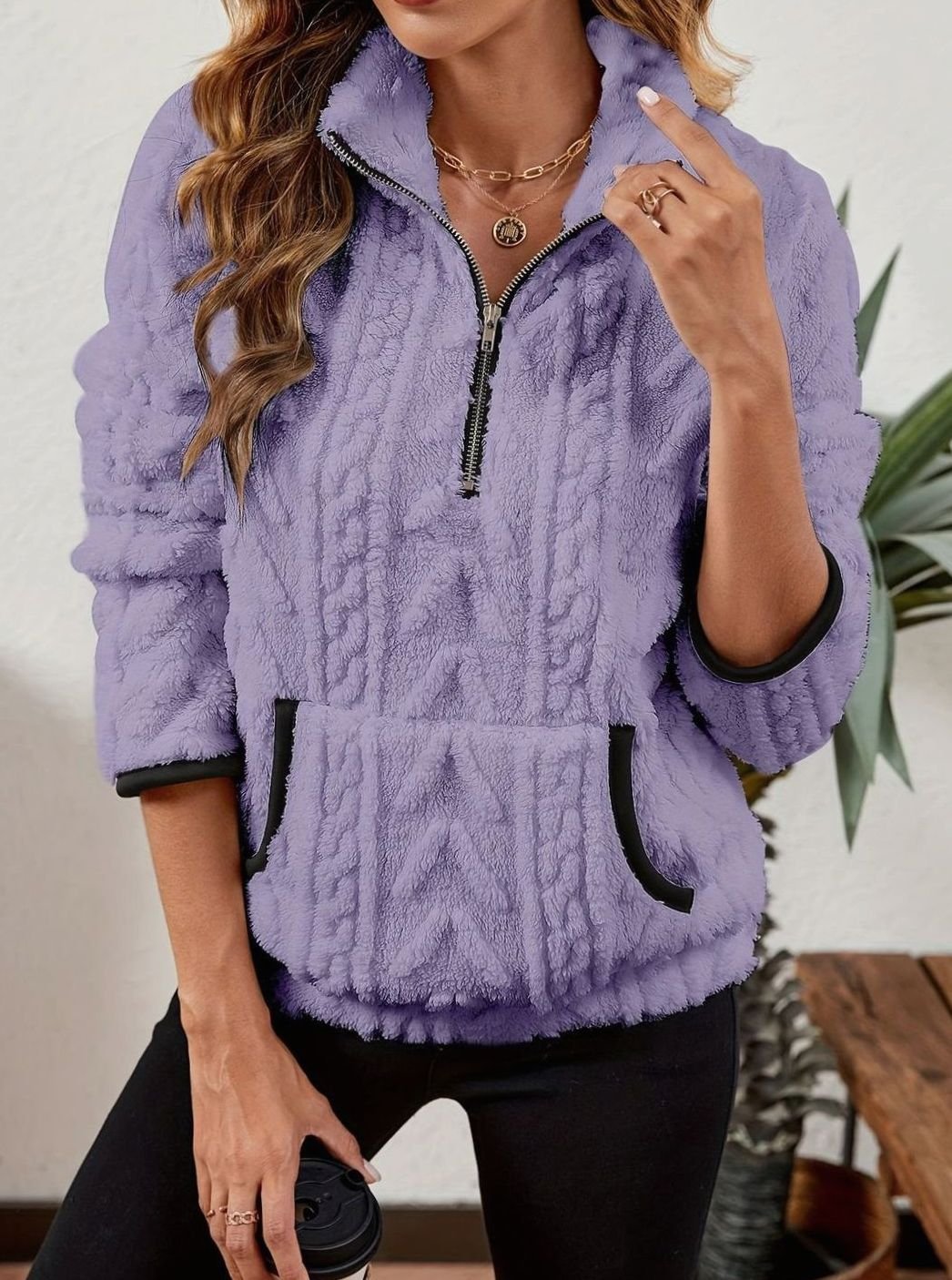 Women's Fleece Quarter-Zip Pullover Sweater Kangaroo Pocket