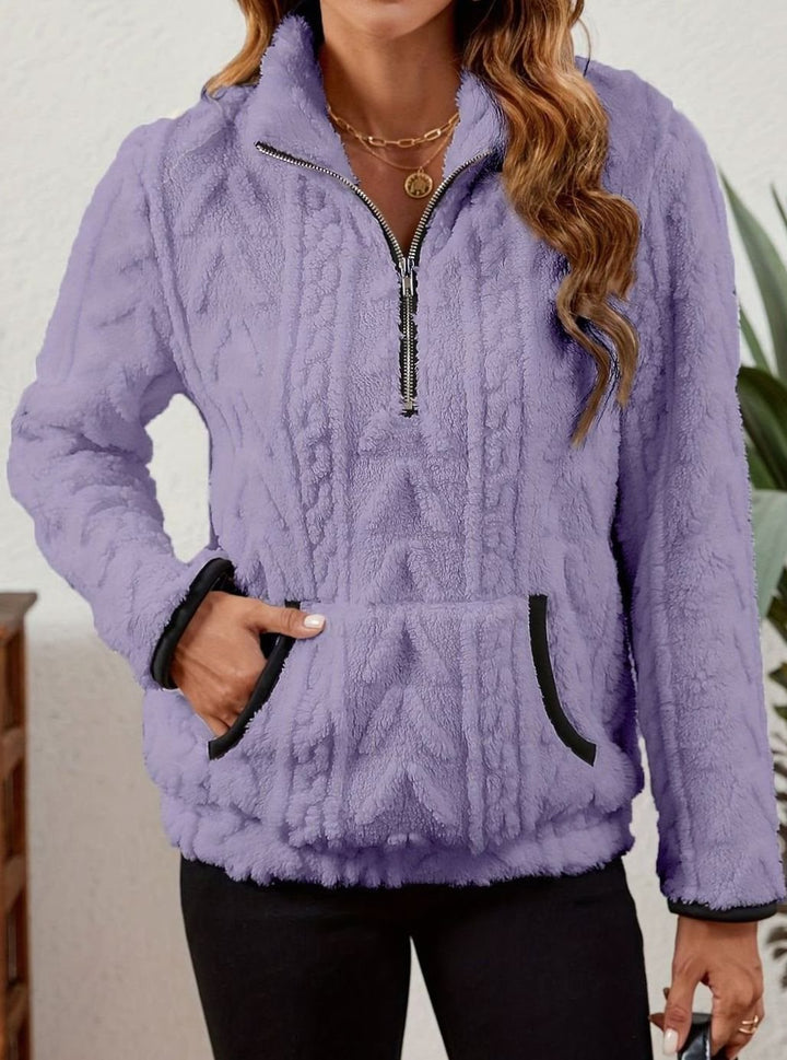Women's Fleece Quarter-Zip Pullover Sweater Kangaroo Pocket