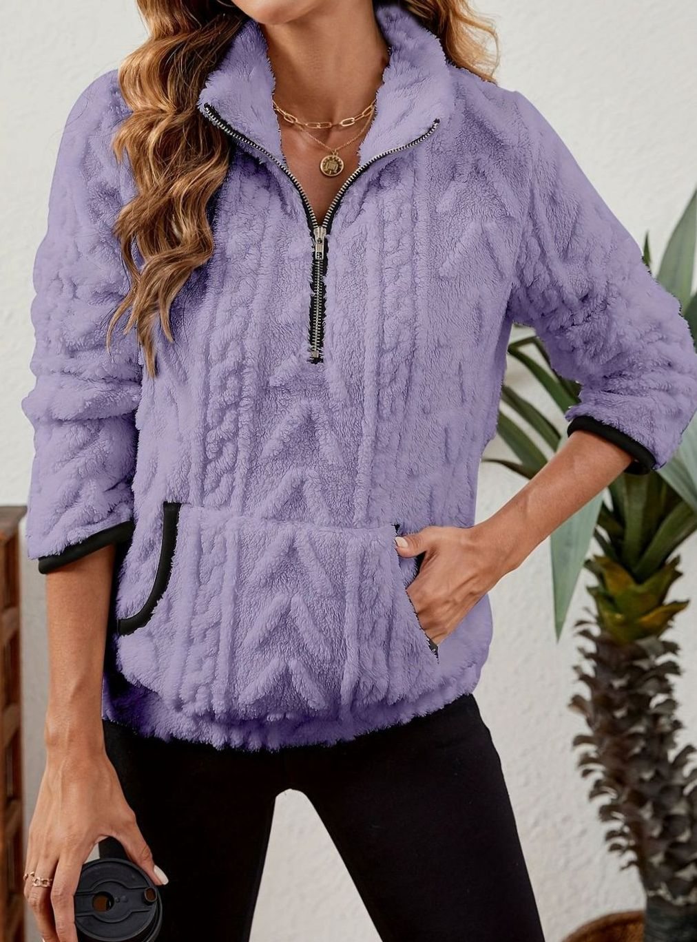 Women's Fleece Quarter-Zip Pullover Sweater Kangaroo Pocket