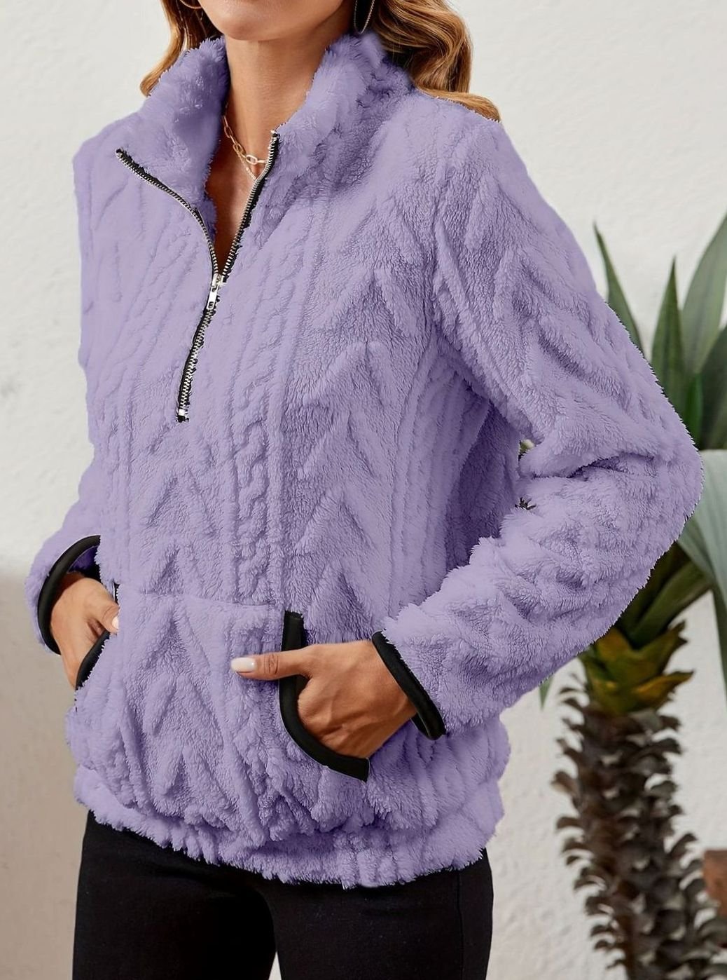 Women's Fleece Quarter-Zip Pullover Sweater Kangaroo Pocket