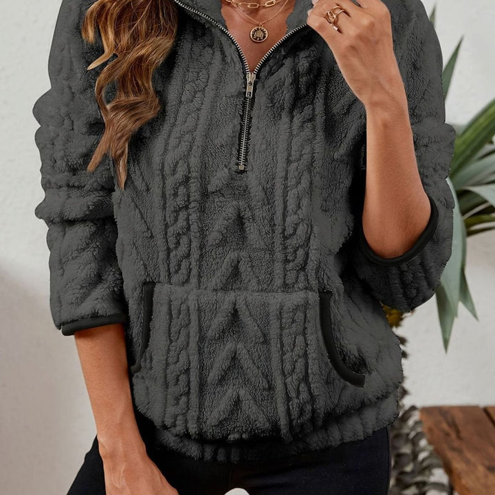 Women's Fleece Quarter-Zip Pullover Sweater Kangaroo Pocket - Dark Gray