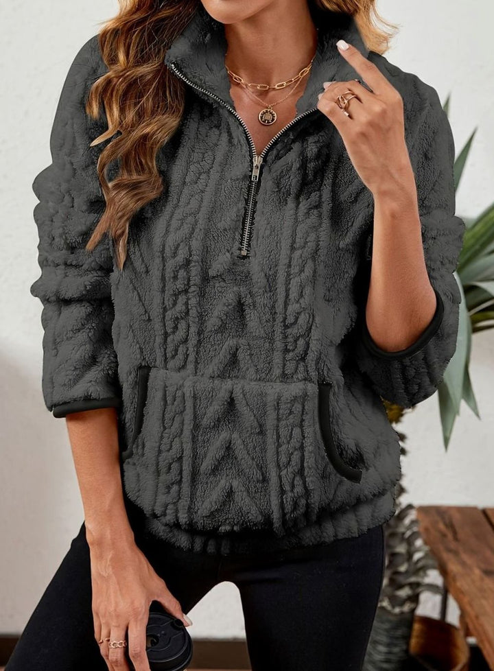 Women's Fleece Quarter-Zip Pullover Sweater Kangaroo Pocket