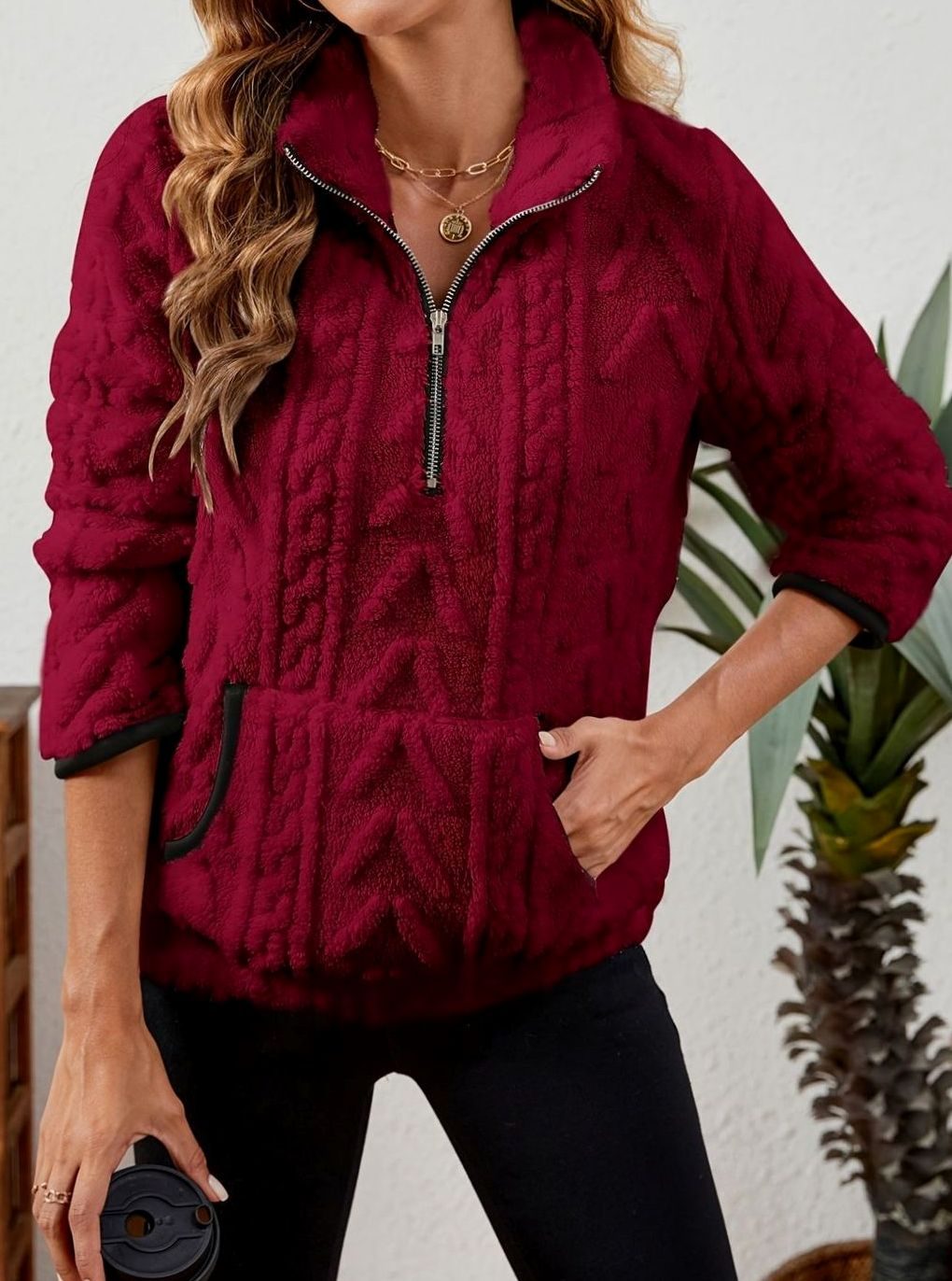 Women's Fleece Quarter-Zip Pullover Sweater Kangaroo Pocket