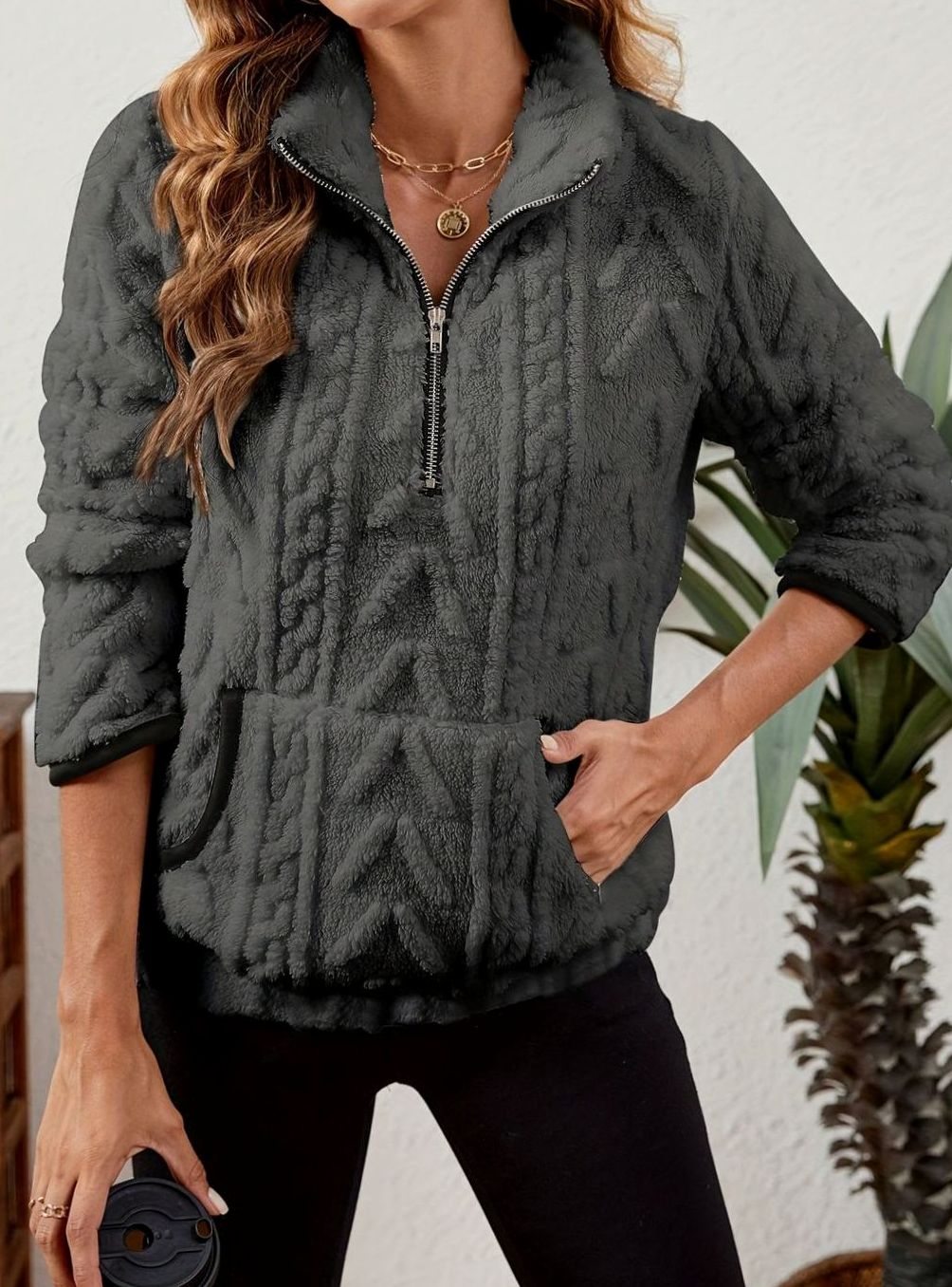 Women's Fleece Quarter-Zip Pullover Sweater Kangaroo Pocket