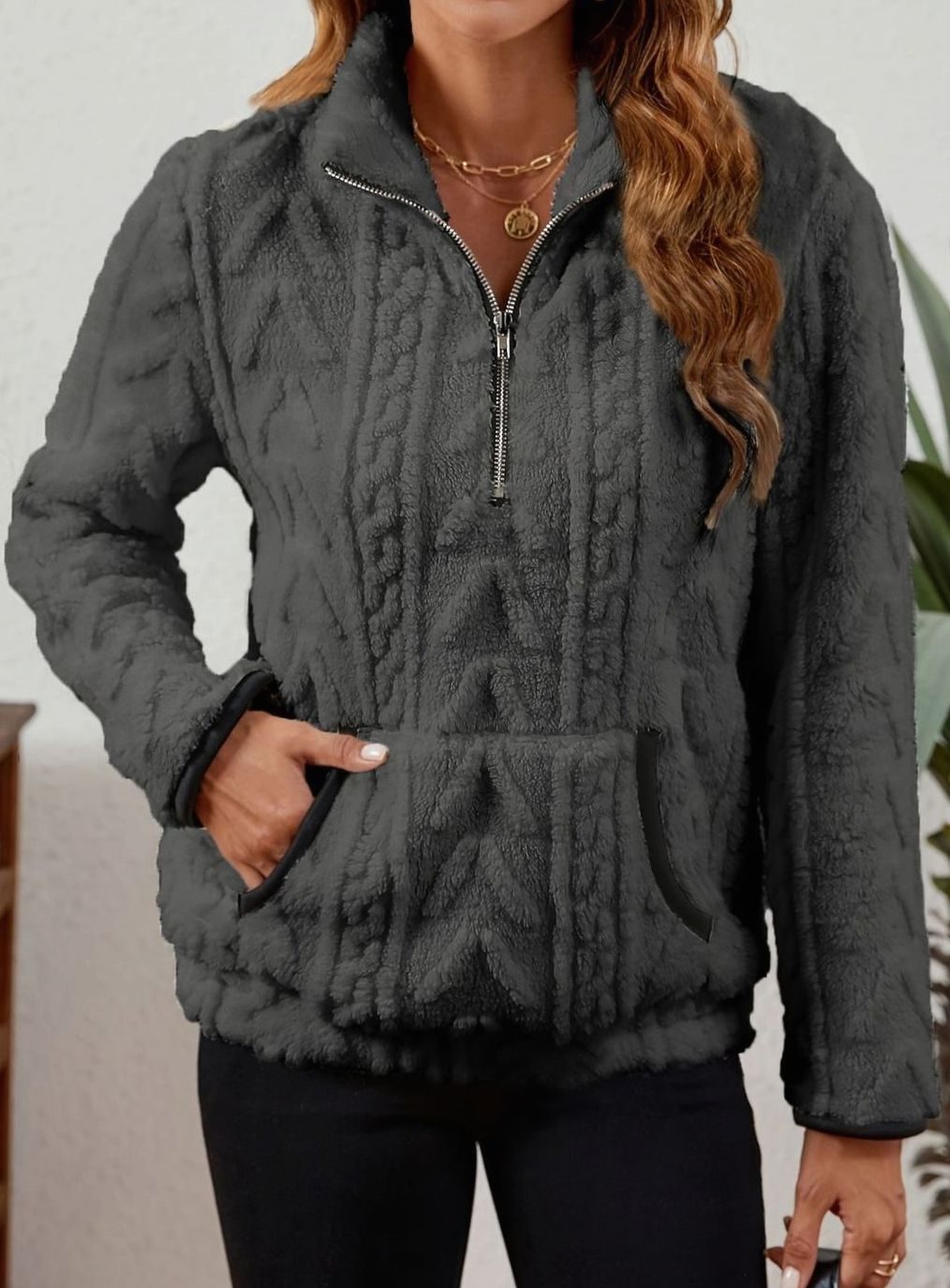 Women's Fleece Quarter-Zip Pullover Sweater Kangaroo Pocket