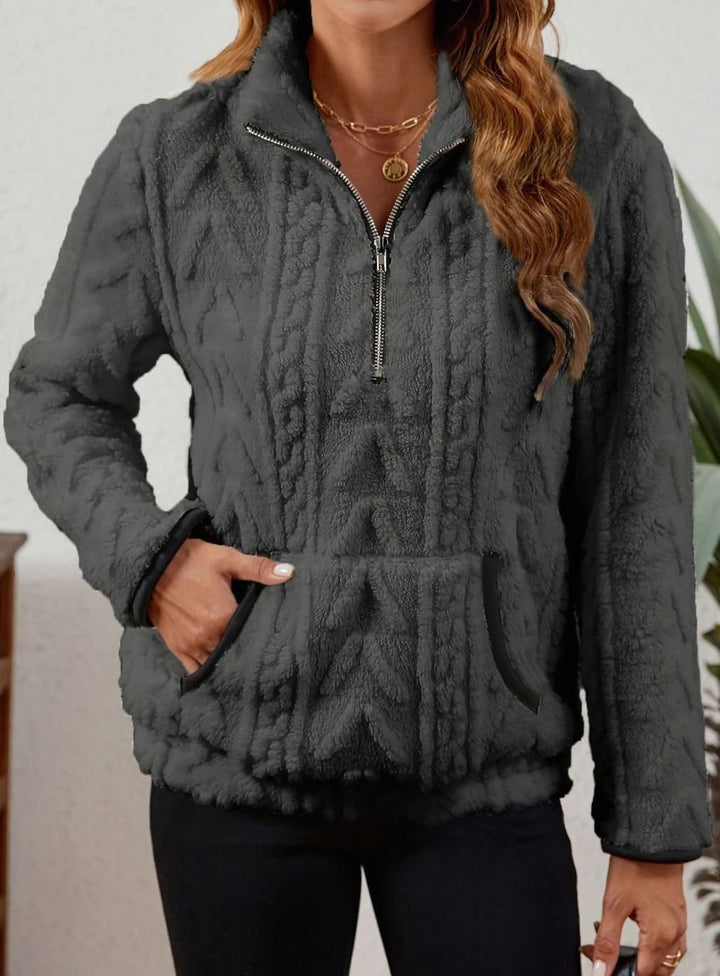 Women's Fleece Quarter-Zip Pullover Sweater Kangaroo Pocket