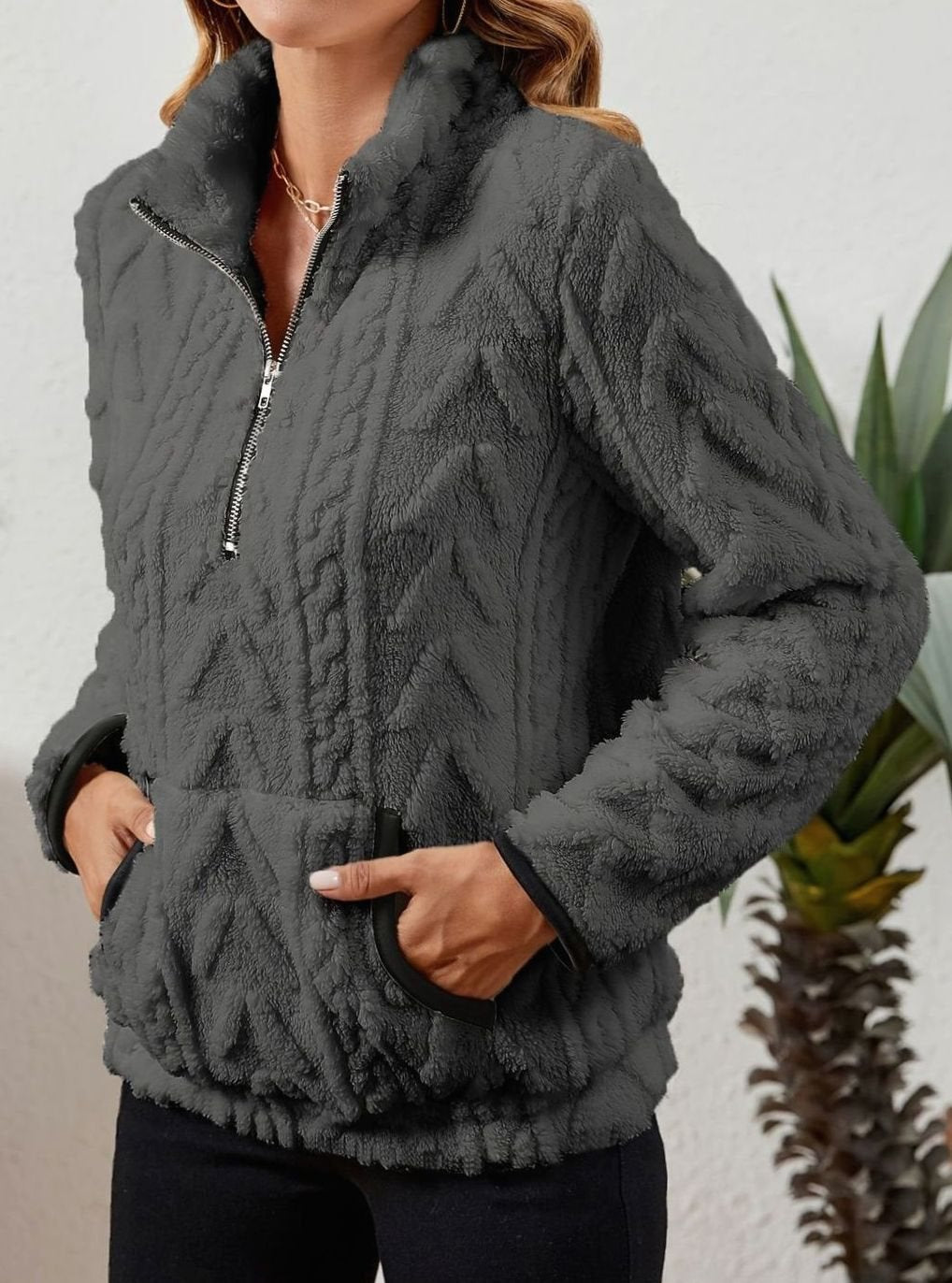 Women's Fleece Quarter-Zip Pullover Sweater Kangaroo Pocket
