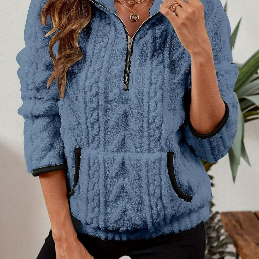 Women's Fleece Quarter-Zip Pullover Sweater Kangaroo Pocket - Blue