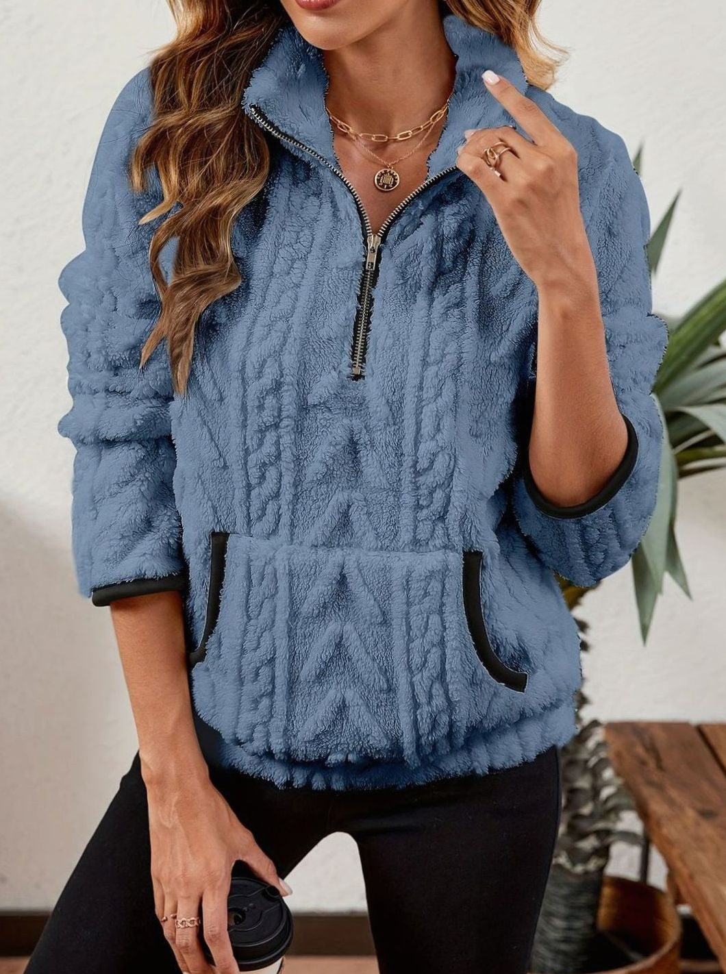 Women's Fleece Quarter-Zip Pullover Sweater Kangaroo Pocket