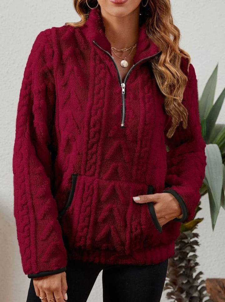 Women's Fleece Quarter-Zip Pullover Sweater Kangaroo Pocket