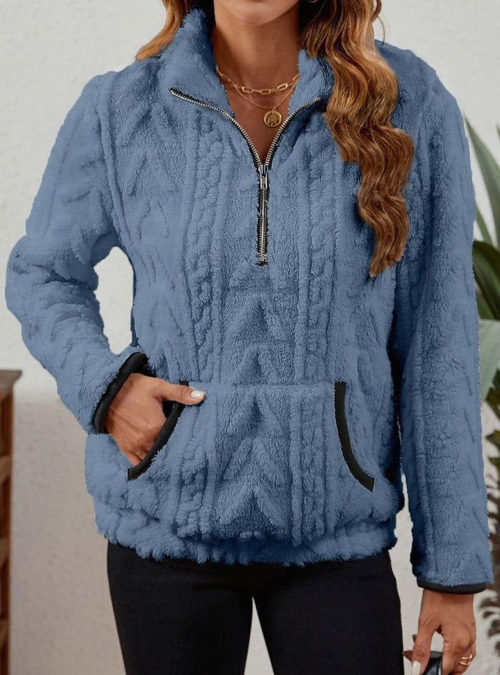 Women's Fleece Quarter-Zip Pullover Sweater Kangaroo Pocket