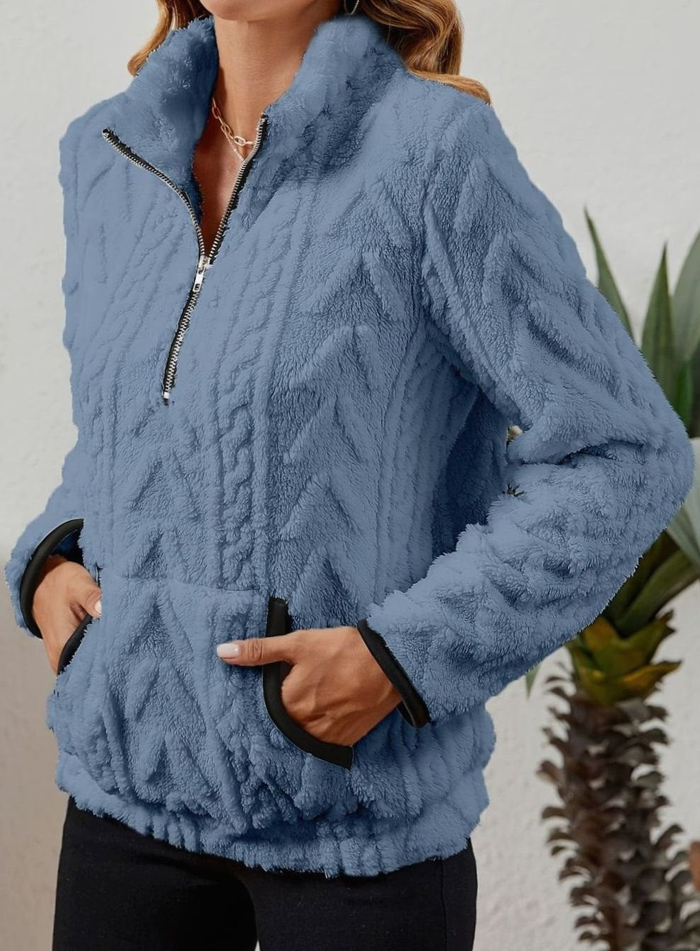 Women's Fleece Quarter-Zip Pullover Sweater Kangaroo Pocket