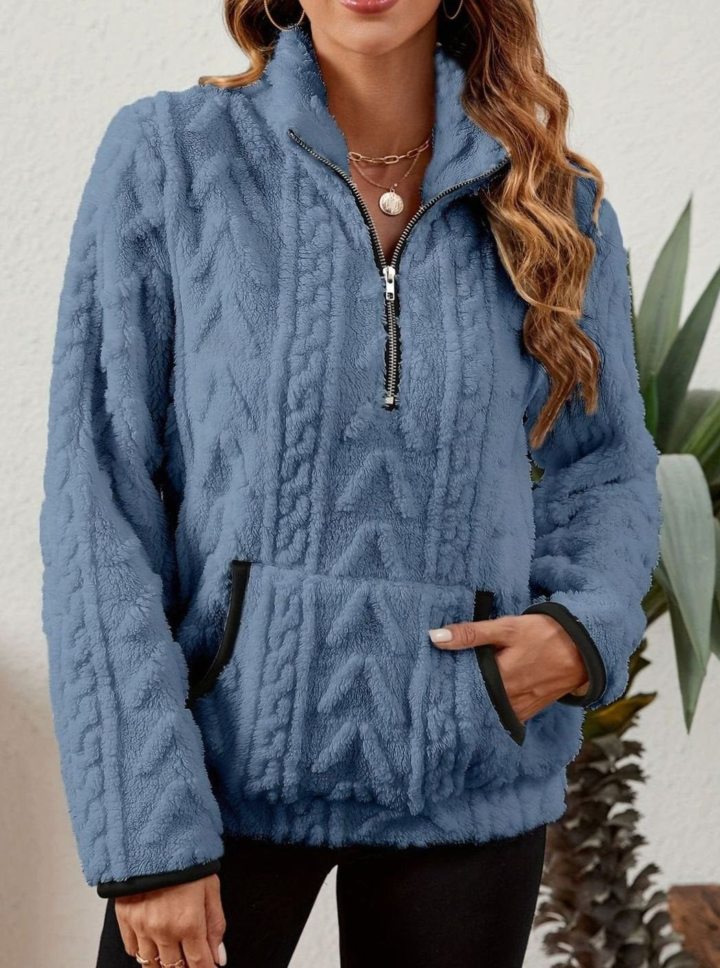 Women's Fleece Quarter-Zip Pullover Sweater Kangaroo Pocket