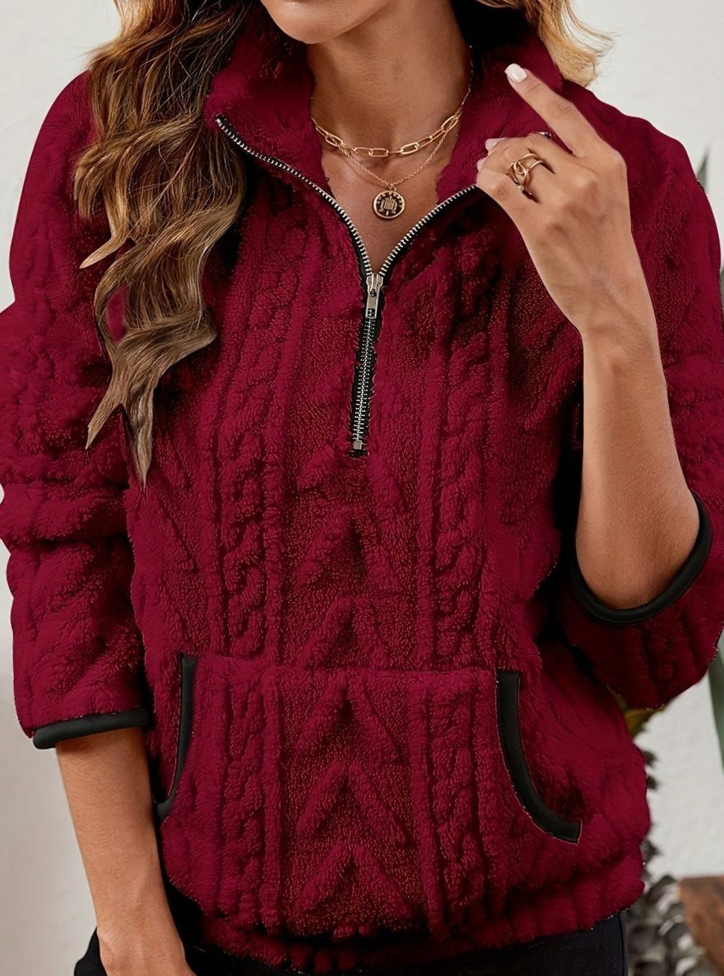 Women's Fleece Quarter-Zip Pullover Sweater Kangaroo Pocket