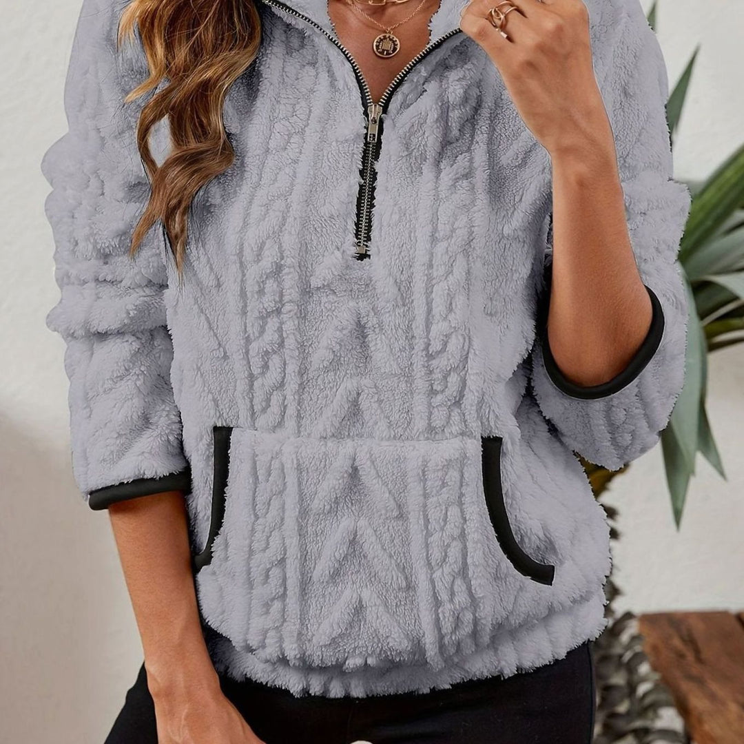 Women's Fleece Quarter-Zip Pullover Sweater Kangaroo Pocket - Grey