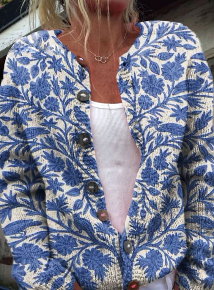 Women's Floral Button-Front Long Sleeve Cardigan - Blue