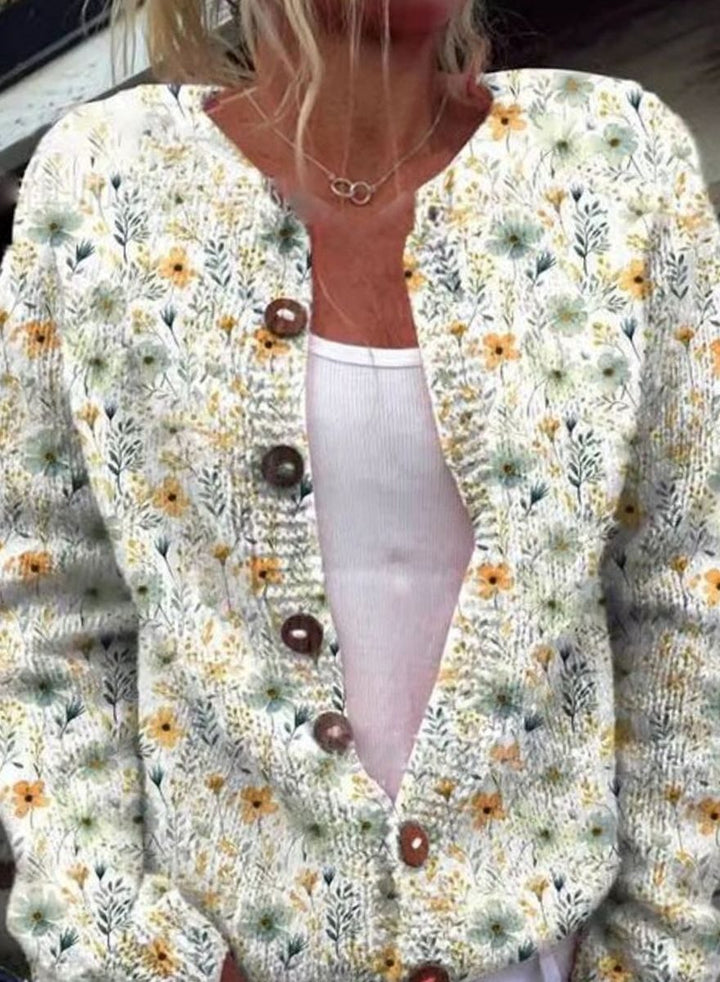 Women's Floral Button-Front Long Sleeve Cardigan - White