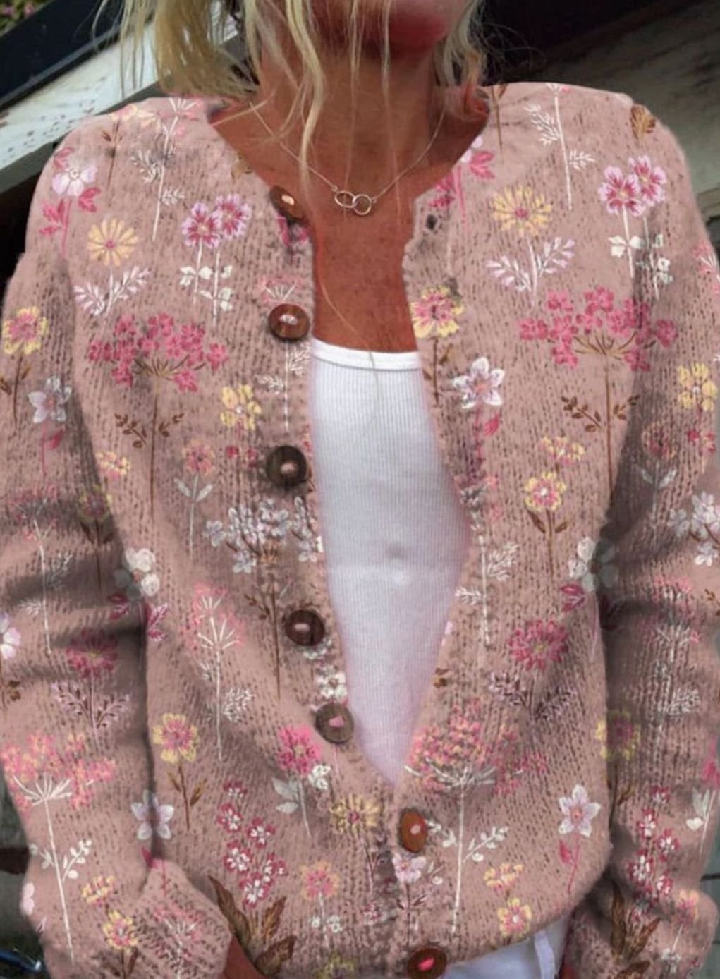 Women's Floral Button-Front Long Sleeve Cardigan - Pink