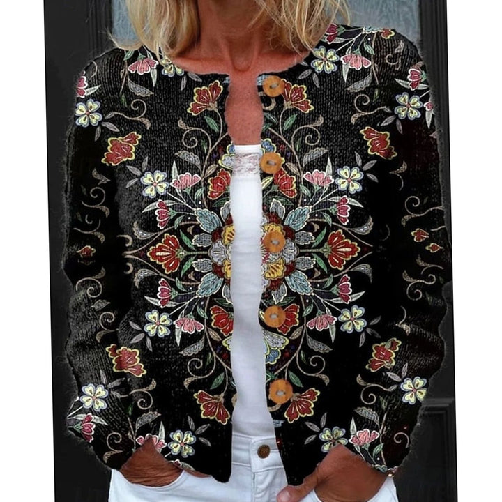 Women's Floral Button-Front Round-Neck Knit Cardigan - Black