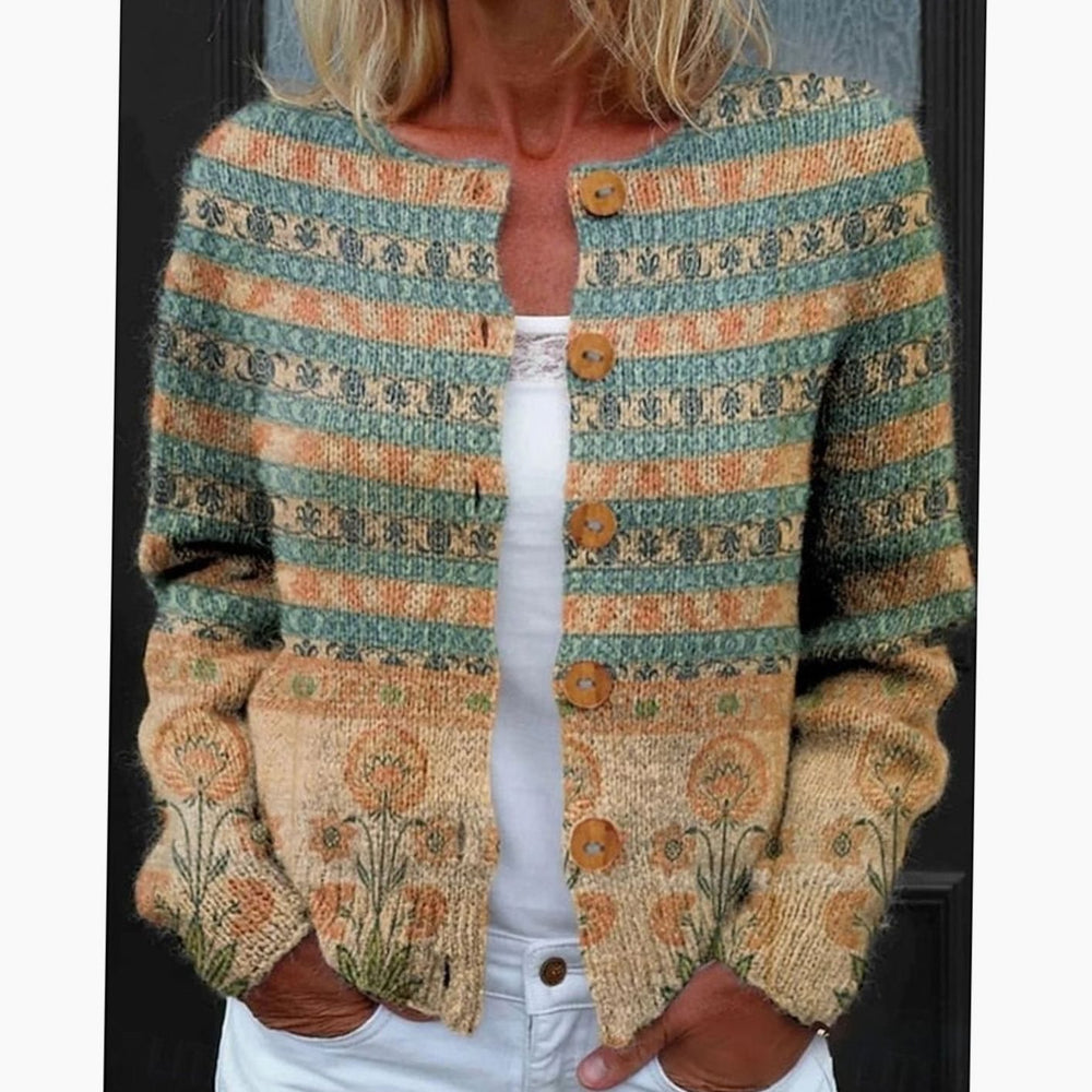 Women's Floral Button-Front Round-Neck Knit Cardigan - Green