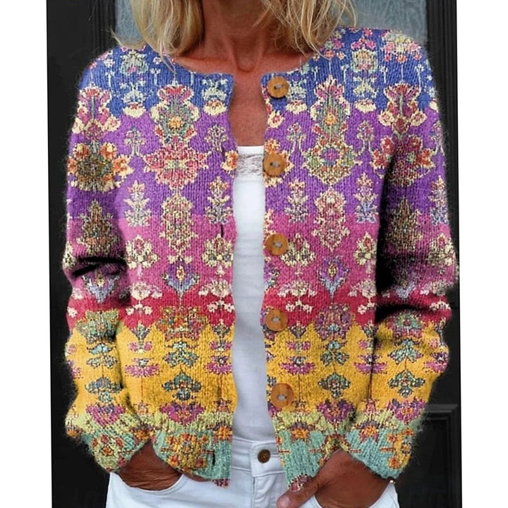 Women's Floral Button-Front Round-Neck Knit Cardigan