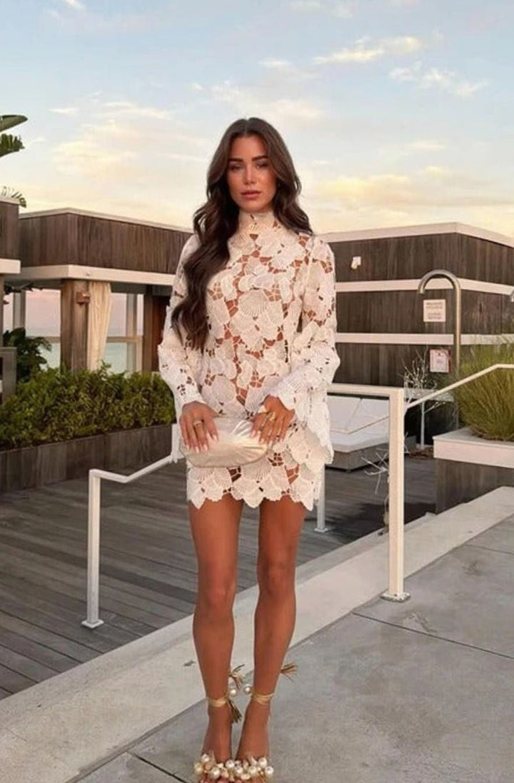 Women's Floral Lace High-Neck Long Sleeve Mini Cocktail Dress - White