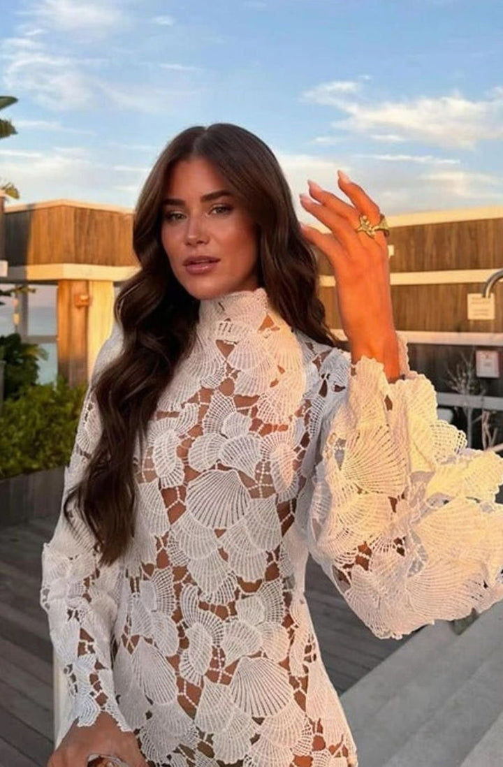 Women's Floral Lace High-Neck Long Sleeve Mini Cocktail Dress