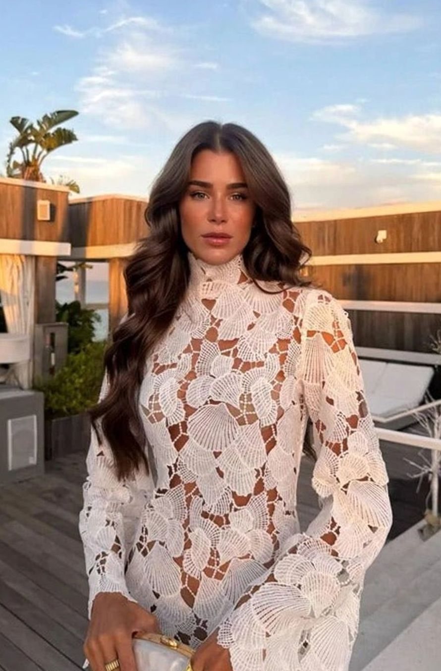 Women's Floral Lace High-Neck Long Sleeve Mini Cocktail Dress