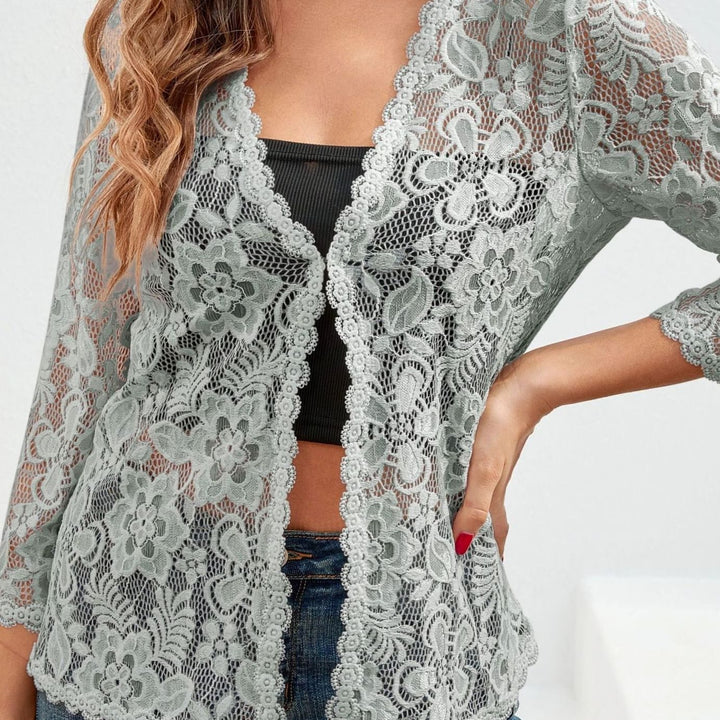 Women's Floral Lace Open-Front Cardigan - Silvery Grey