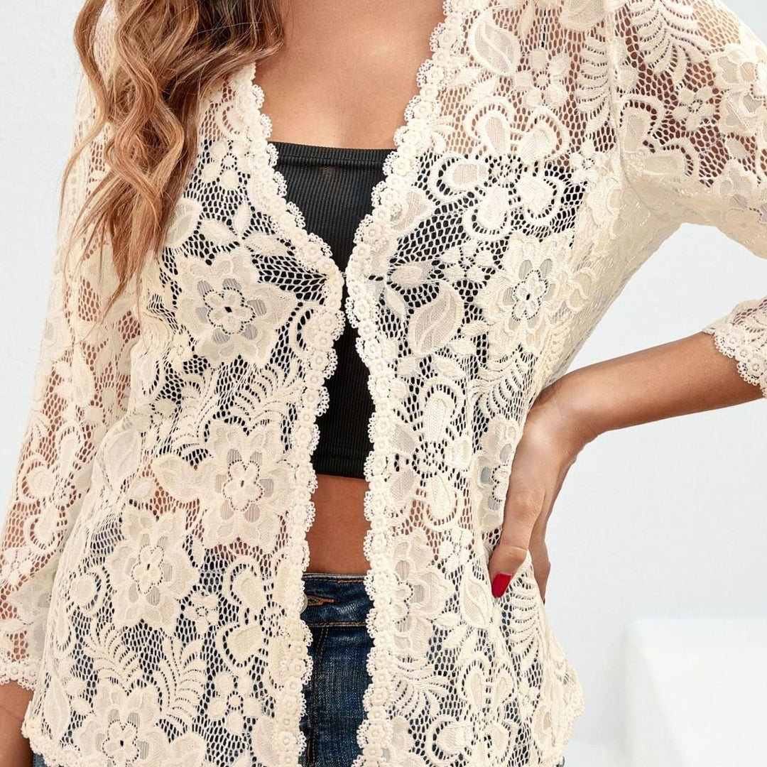 Women's Floral Lace Open-Front Cardigan - Apricot