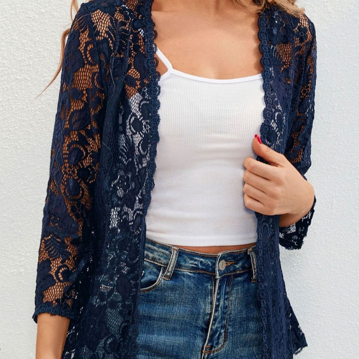 Women's Floral Lace Open-Front Cardigan - Navy Blue