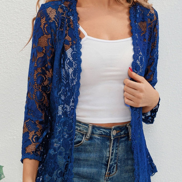 Women's Floral Lace Open-Front Cardigan - Blue