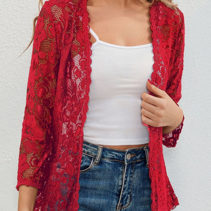 Women's Floral Lace Open-Front Cardigan - Red