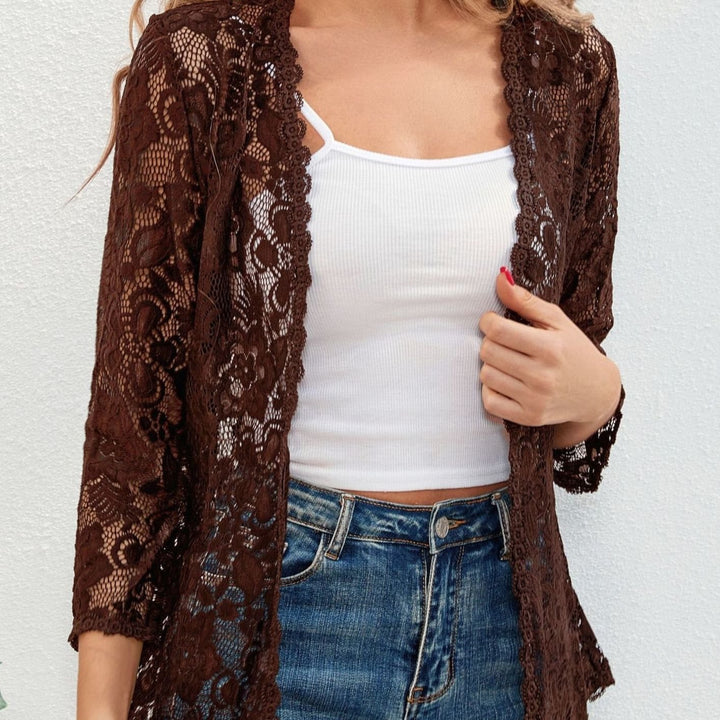 Women's Floral Lace Open-Front Cardigan - Coffee Brown