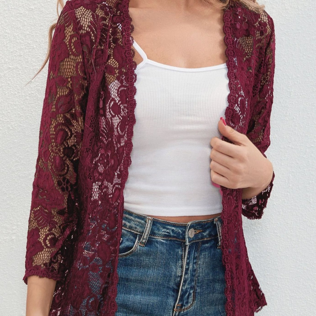 Women's Floral Lace Open-Front Cardigan - Wine Red